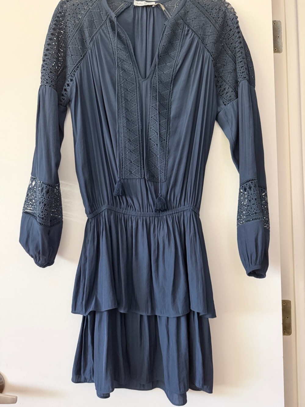 Ramy Brook navy Blue Crochet-Trim Tiered Mini Dress